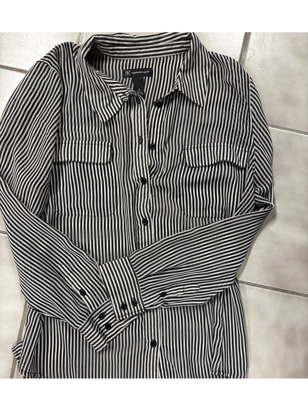 INC International Concepts Black and White Striped Button-Down Shirt